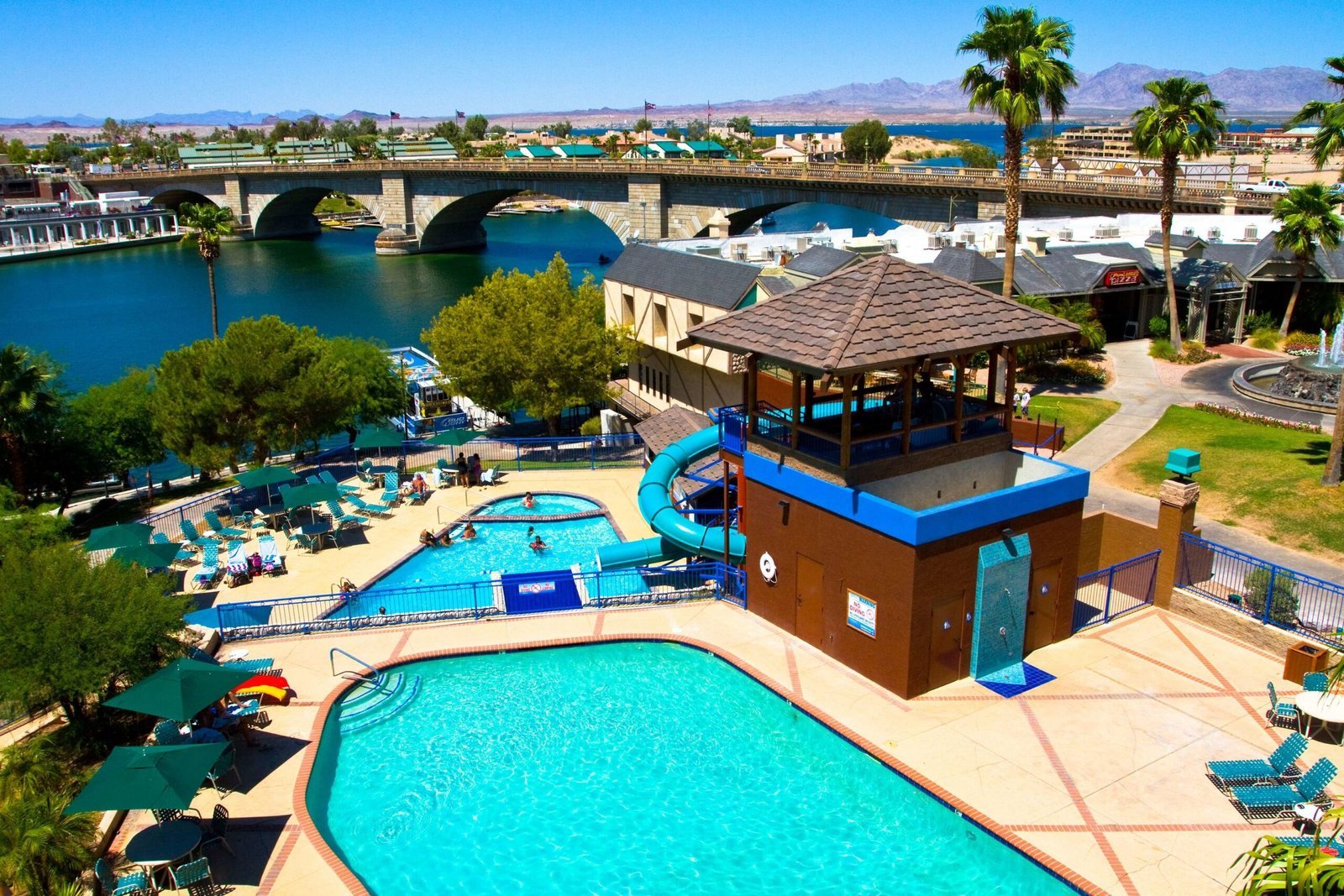 London Bridge Resort and docks viewed from the London Bridge, Lake Havasu City Arizona